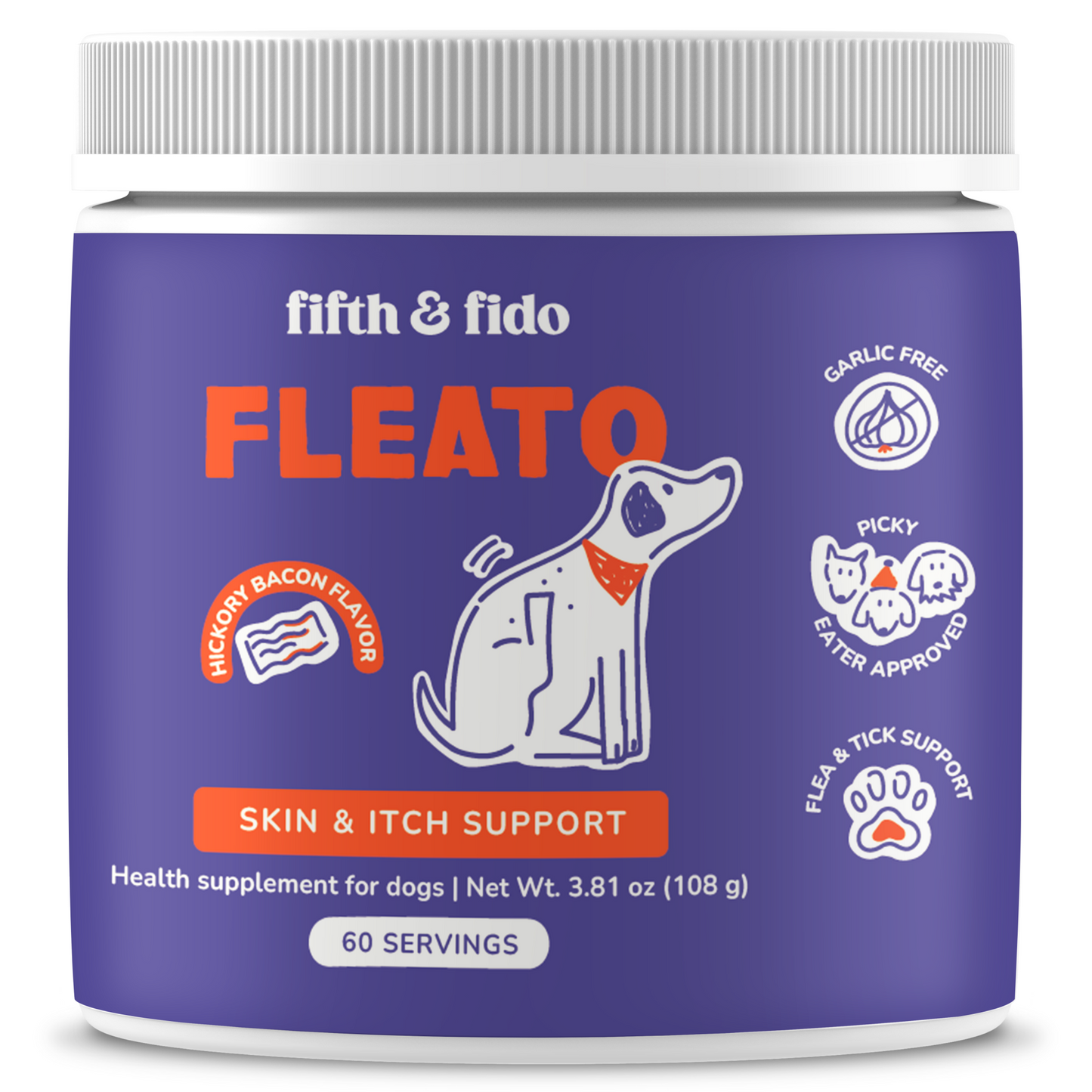 Fleato Skin & Itch Support jar — Fifth & Fido hickory bacon flavor supplement for dogs, garlic free, 60 servings