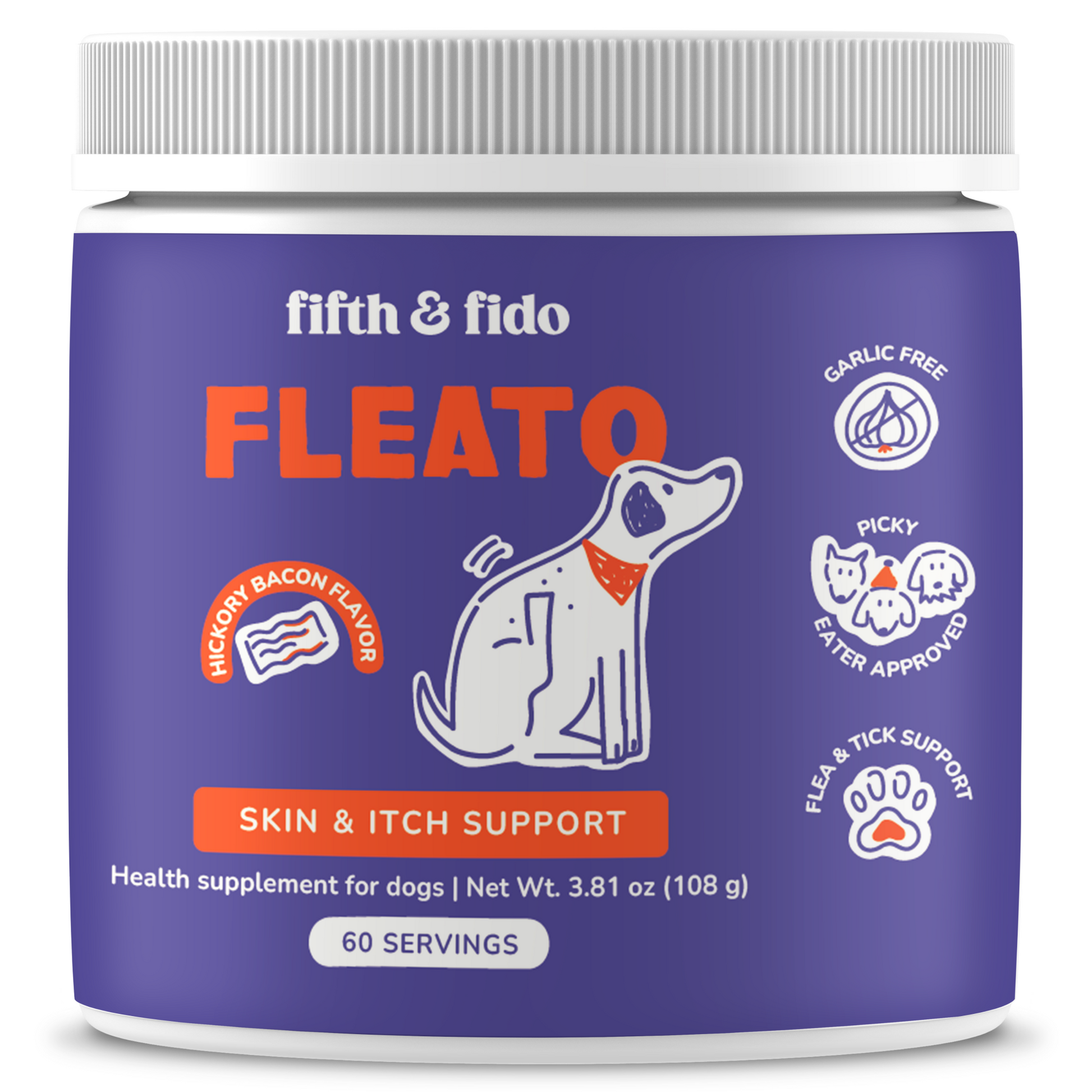 Fleato Skin & Itch Support jar — Fifth & Fido hickory bacon flavor supplement for dogs, garlic free, 60 servings