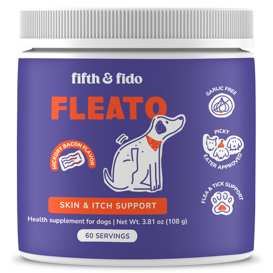 Fleato Skin & Itch Support jar — Fifth & Fido hickory bacon flavor supplement for dogs, garlic free, 60 servings